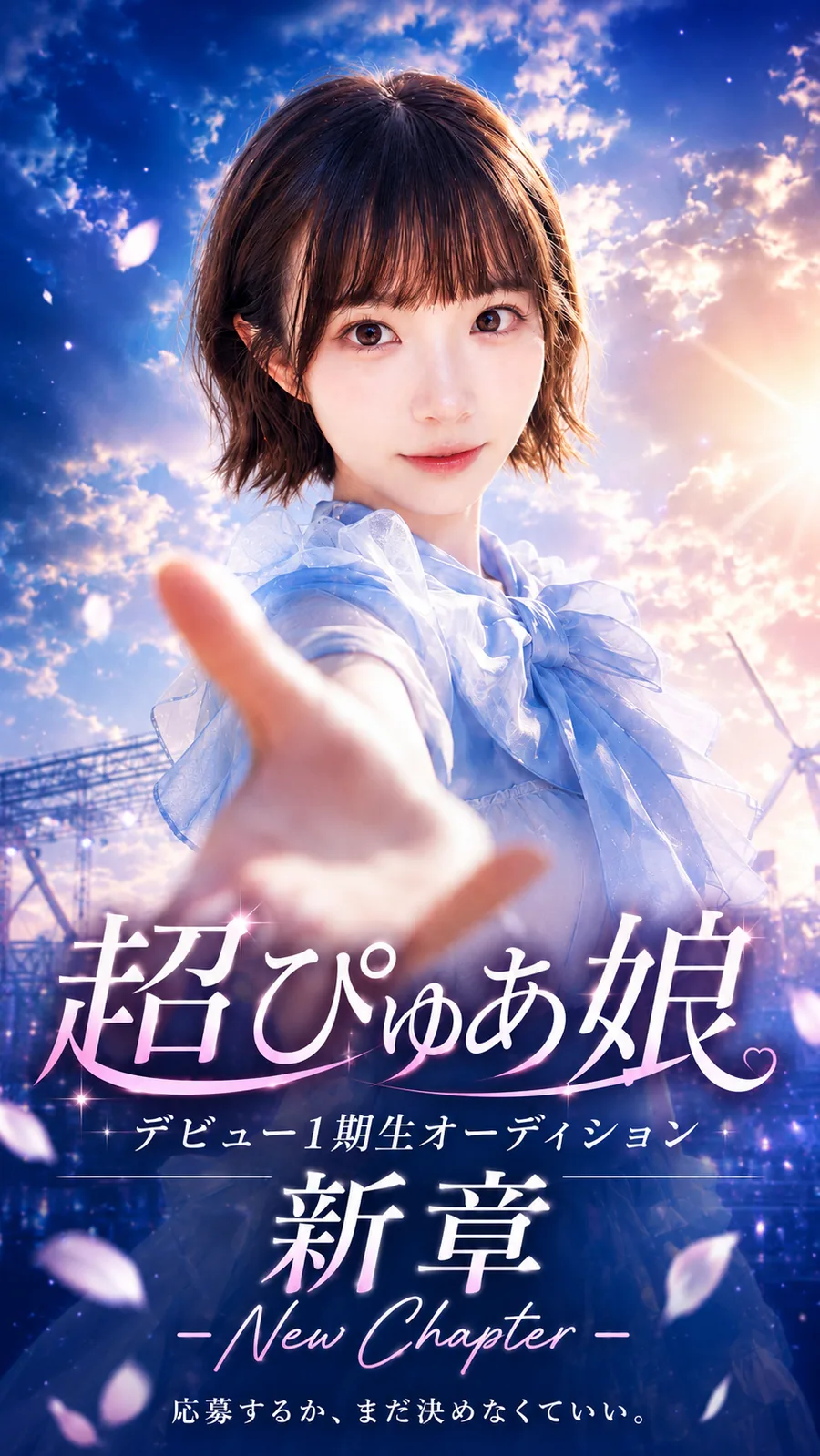 超ぴゅあ娘 デビュー1期生オーディション 新章 -New Chapter- キービジュアル。空を背景に手を差し伸べる女性