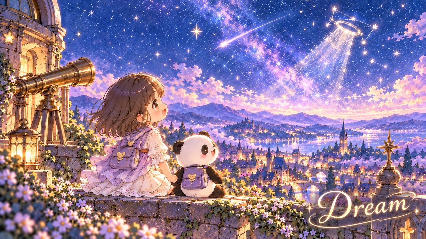 星空を見上げる少女とパンダ